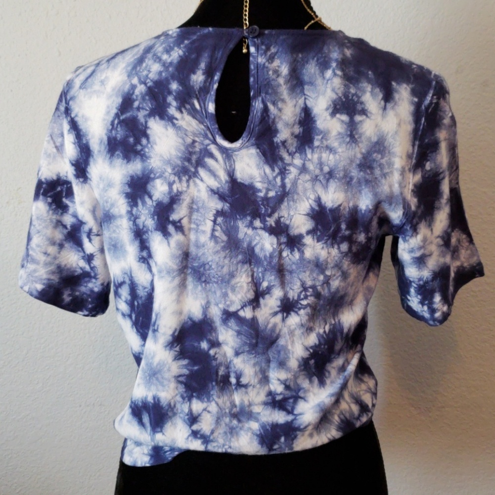 Navy Blue and White Tie-Dye Blouse with Waist Tie - Picture 4 of 7